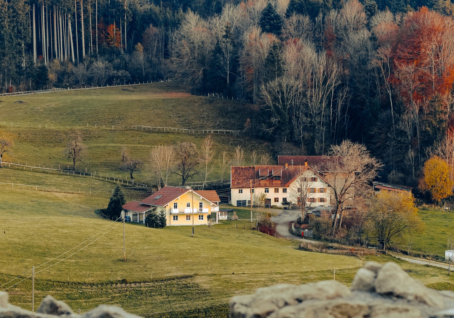 Häuser und Wiesen in einer ländlichen bayerischen Umgebung